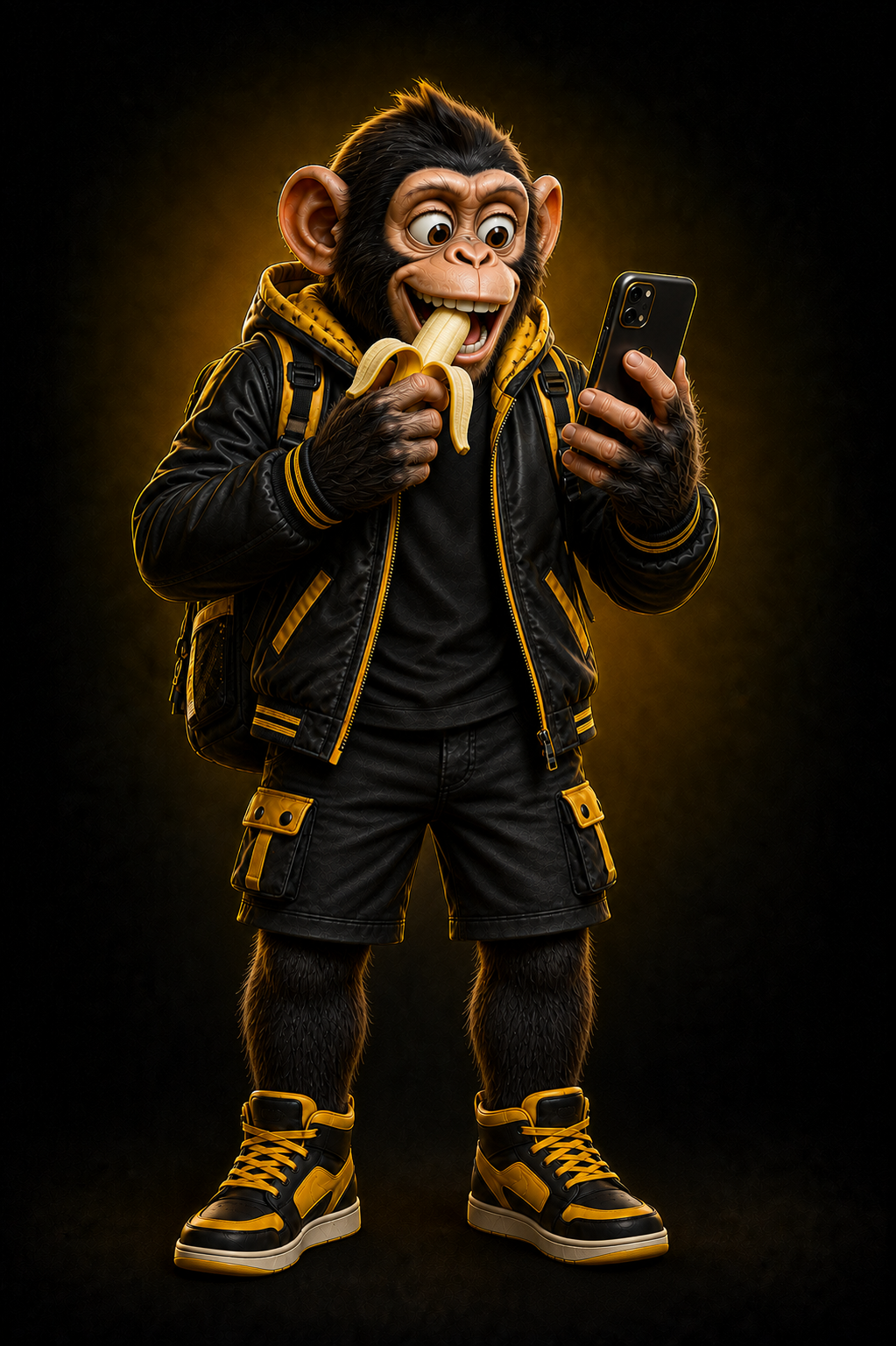 Mano Chimpas comendo uma banana enquanto olha para o celular